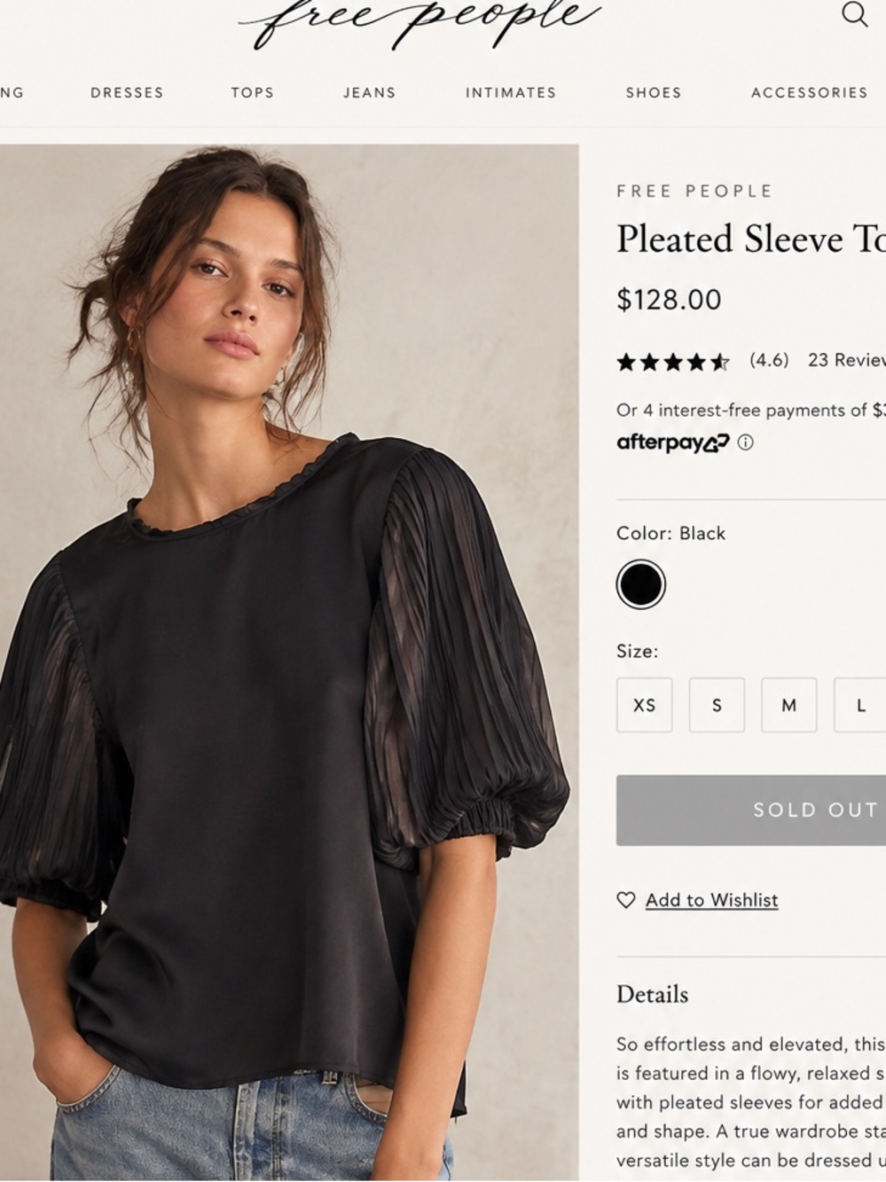 Free People Black Pleated Sleeve Top with Balloon Sleeves